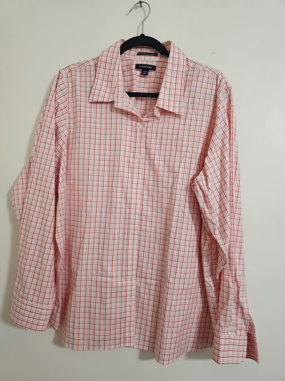 Lands' End Sz 26 Non Iron Peach & Pink Plaid Cotton Button-Down Shirt